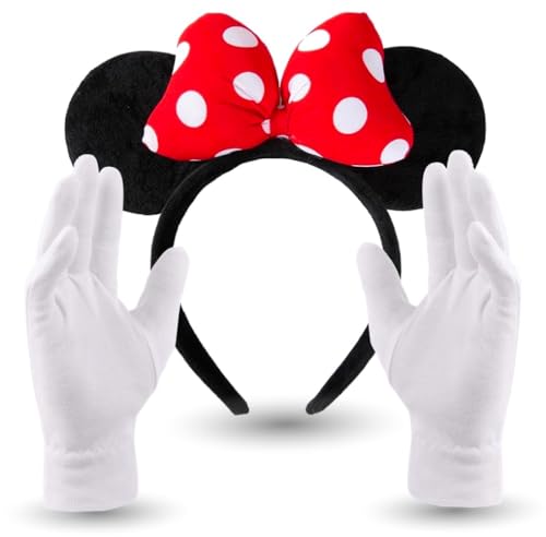 2 in 1 - Minnie Mini Maus Ohren Kostüm Set mit Handschuhen und Mausohren für Damen an Fasching & Karneval