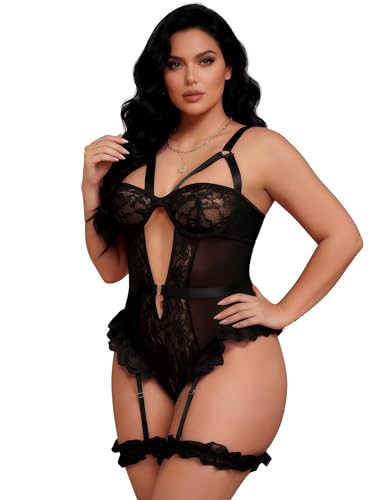 ohyeahlady Dessous Damen Sexy Unterwäsche Curvy Spitze Body Babydoll Negligee Elegant Reizwäsche Große Größen Transparent Lingerie Sexy for Women hot Set Mollig Clubwear Party Schwarz 3XL-4XL