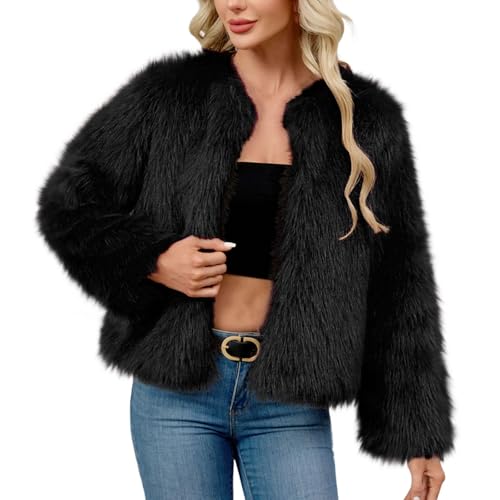 RLEHJN Felljacke Damen Kurz Kunstpelz Mantel Felljacke Faux Pelz Winterjacke Kunstfell Einfarbig Dicker Parka Wintermantel Fell Teddy Jacke Winter Pelzmantel Kuschelig Pelz Fellmantel Cardigan