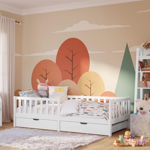 Bellabino Vere Kinderbett 90x200 cm – Montessori Bett mit Rausfallschutz, Lattenrost & 2 Schubladen– Massives Kinder Bett für Jungen & Mädchen aus Holz Kiefer – Kleinkindbett in Weiß mit Stauraum
