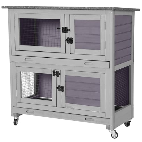 Aivituvin Hasenstall Kaninchenstall – Zweistöckiges Gehege für Kaninchen und Meerschweinchen, Innen Außeneinsatz (Grau Hasenstall-AIR77)