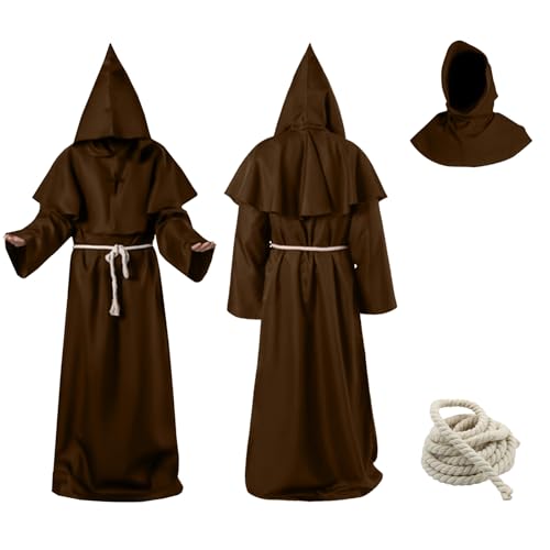 Aitsite Mönch Kostüm Herren mit Kapuze und Kreuz Halskette, Braun Mönche Robe, Prister Gewand Mittelalter Mönchskutte Kostüm Herren für Karneval Halloween Cosplay (Braun)