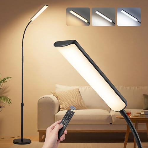 VASAGLE Stehlampe, Stehleuchte, Leselampe, 15 Watt, 141-175 cm höhenverstellbar, 360° drehbarer Schwanenhals, Timer- und Memory-Funktion, Fernbedienung, für Wohnzimmer, Mattschwarz LFL007BD02