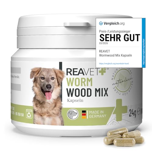 TESTURTEIL SEHR GUT 2026 ReaVET Wurm-Kraut Kapseln 50 Stück - für Hunde, mit echtem Wurmkraut (Artemisia Absinthium) in rezepturbasierter Pflanzenformel, geeignet für Hunde Aller Rassen