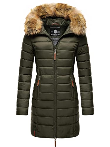 MARIKOO Damen Winter-Steppmantel Rose-Stepp mit großer Kunstfellkapuze