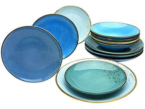 CreaTable, 20966, Serie NATURE COLLECTION AQUA, 12-teiliges Geschirrset, Teller Set aus Steinzeug, spülmaschinen- und mikrowellengeeignet, Qualitätsproduktion