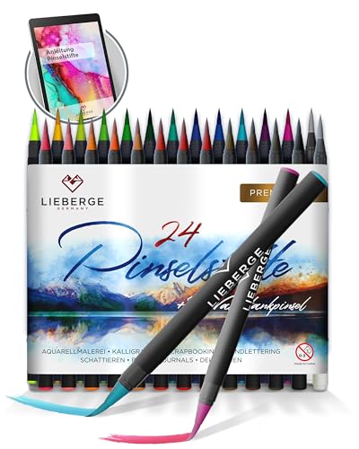 LIEBERGE Pinselstifte Premium-Set - 24 Aquarellfarben + 2 Wassertankpinsel - Brush Pen mit flexibler Pinselspitze für Aquarell, Hand Lettering, Bullet Journal, Kalligraphie
