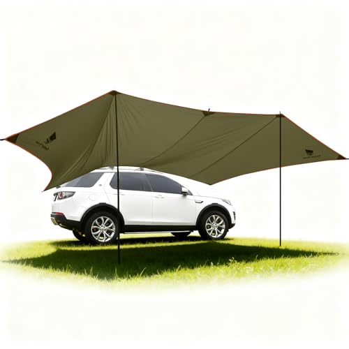 GEERTOP 3,5 x 5,8 m Auto Markise Sonnensegel, Wasserdicht 3000 mm Große Vorzelt Auto mit 2 höhenverstellbaren Stangen, Wasserabweisendes Sonnendach für Autocamping, Van, Campers, Caravan Tarp