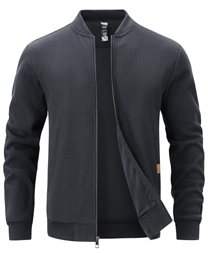 YuKaiChen Übergangsjacke Herren Jacke Leichte Bomberjacke aus Waffelstoff mit Reißverschlusstasche für Frühling Herbst Dunkelgrau 3XL