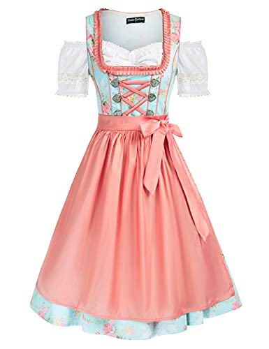 SCARLET DARKNESS Dirndl Midi Damen 3Tlg Trachtenkleid Oktoberfest Kostüme Baumwollkleid,Dirndl Bluse,Schürze XXL Rosa und Blaudruck
