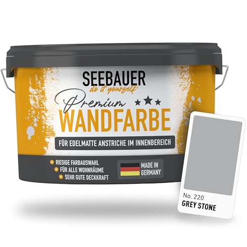 SEEBAUER diy Wandfarbe Grau 2,5L für Innen (No. 220 Grey Stone) Edelmatte graue Innenfarbe - Grautöne sehr hohe Deckkraft - Matt, Abwaschbar und Tropffrei
