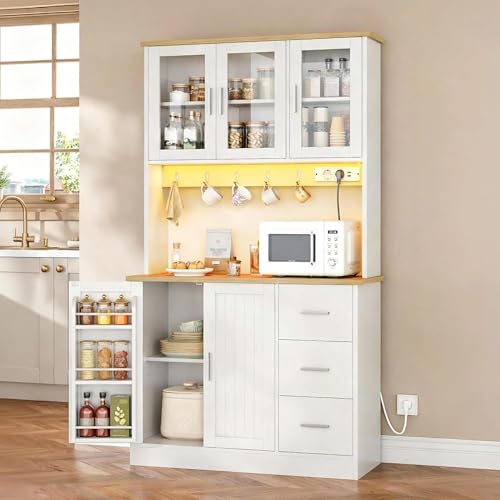 Hzuaneri Buffetschrank, Küchenschrank, mit 6-Stufigem Regal Hinter den Türen, 5 Schranktüren und 3 Schubladen, LED und Steckdosenleiste, Küche, Eiche-Weiß, 40 x 100 x 180 cm, PT10303XEU