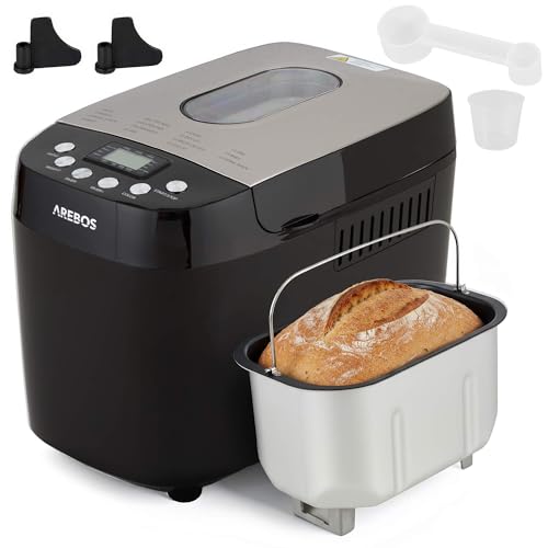 Arebos Brotbackautomat 1500g | mit 15 Programmen | 2 Knethaken | Timer | LCD Display | 3 Bräunungsgrade und Brotgrößen | 850 W | Schwarz
