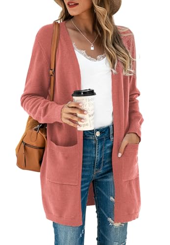 Saodimallsu Strickjacke Damen Lang Leicht Cardigan Langarm Open Front Strickpullover Einfarbig Freizeit Strickmantel Outerwear mit Tasche Dunkelrosa L