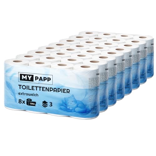 Toilettenpapier 3-lagig – 64 Rollen Großpack, 150 Blatt je Rolle, extra weich, reißfest & saugstark, weißes Zellstoff, WC, Klopapier für Haushalt & Gewerbe
