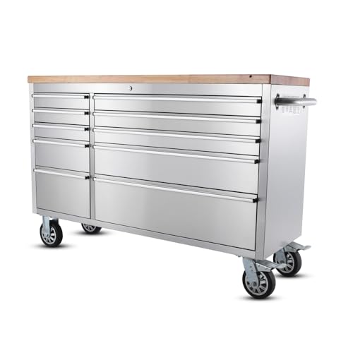 Ondis24 Edelstahl-Werkstattwagen Werkzeugwagen mit 10 Leichtlaufschubladen & XL-Massivholzarbeitsplatte, Lenkrollen, fahrbare Werkbank, unbestückt (Silber, 148 x 47 x 92 cm)