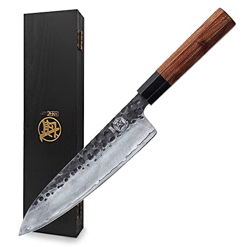MITSUMOTO SAKARI Handgeschmiedetes Küchenmesser, 22 cm Gyuto Kochmesser, Hochkohlenstoffstahl Stahl japanisches küchenmesser (Rosenholzgriff und Boutique Holzkiste)