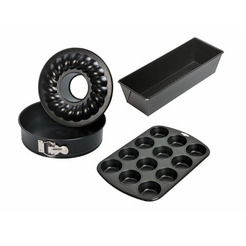 Original Kaiser Classic Backformen Backset 4-teilig, Springform Flach- und Rohrboden 26cm, Kastenform 30cm, Muffinform/ Muffin Backblech 12 Muffins, antihaftbeschichtet, Schwarz