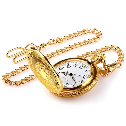 Kioylmo Luxus Vintage Taschenuhr Mit Kette Aus Metall Mit Römischen Ziffern Und Skelett Design Für Herren Und Damen, Retro Armbanduhr Als Weihnachts Geschenk Und Karneval Kostüm Accessoire, Gold
