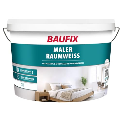 BAUFIX Maler-Raumweiß weiss, matt, 2,5 Liter, Weiße Wandfarbe, mit hoher Deckkraft, Innenfarbe mit Deckfähigkeit Klasse 2, für Wände und Decken