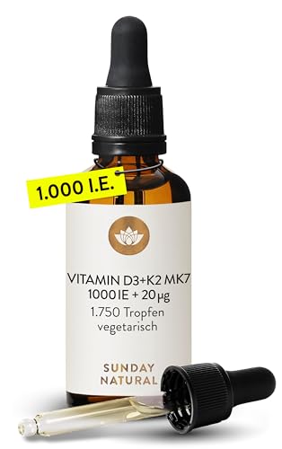 SUNDAY NATURAL® Vitamin D3 + K2 Tropfen - Premium: 99,8+% All-Trans + hoch bioverfügbares Vitamin D3 - Laborgeprüft in Deutschland, hochdosiert, flüssig - Perfekt zum Teilen