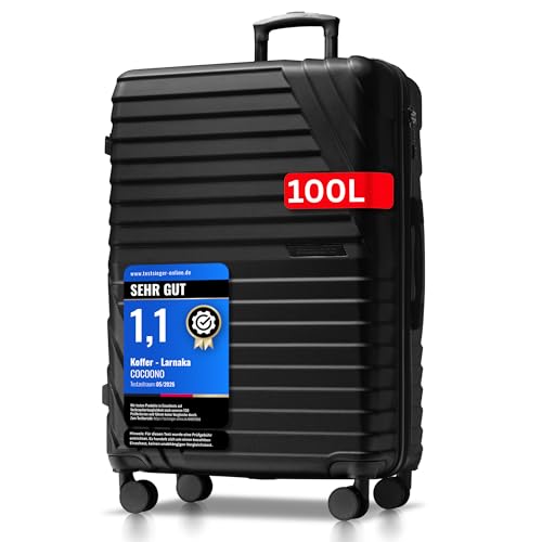 Hartschalenkoffer XL Groß - 100L Volumen erweiterbar auf 117L - 158cm Gurtmaß - 8 Rollen 360° drehbar - Leichter Koffer mit TSA Schloss & Teleskopgestänge - Reisekoffer mit Rollen (Schwarz, XL)