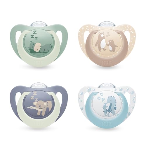 NUK First Choice Day & Night Baby Schnuller | 0-6 Monate | Orthodontische Schnuller, die im Dunkeln leuchten | Beruhigt 99% aller Babys** | Sortiert | 4 Stück