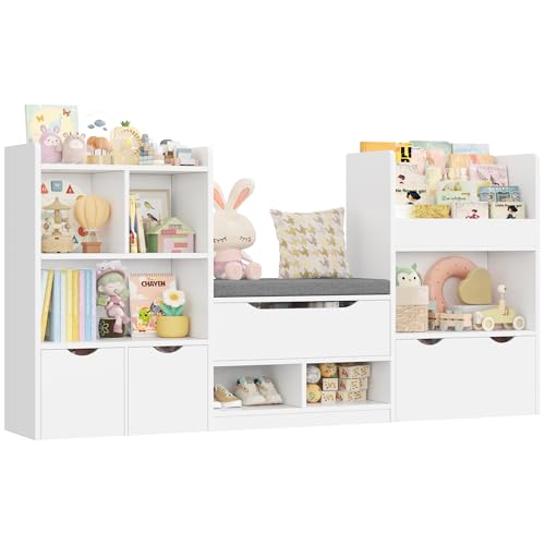 FOREHILL 183cm Breit Kinderregal mit Sitzbank, Kinderzimmer Möbel mit 3 Aufbewahrungsboxen für Spielzeug Bücherregal für Kinder mit 3 Ebenen, Regal für Kinderzimmer Leseecke 183,5x94,5x29,8 cm Weiß