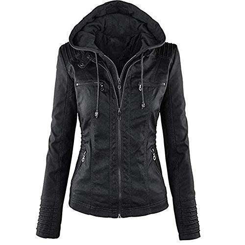 Newbestyle Lederjacke für Damen, Reißverschluss, Mantel mit Kapuze, kurz, Schwarz , 42