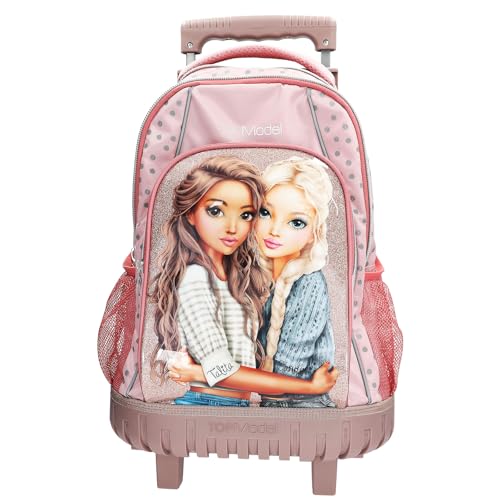 Depesche 14009 TOPModel Dots - Schulrucksack Trolley in Rosa, mit Model Motiv, Punkte-Muster und Glitzer, Schultasche mit Teleskopgriff und Rollen