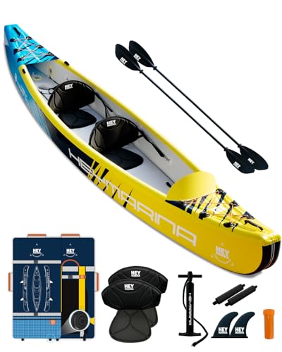 Hey Marina aufblasbares Kajak für 2 Personen, Drop-Stitch Tandem Kayak Set für Erwachsene mit Paddeln, Sitzen, Pumpe, Finne & Tragetasche, robust & vielseitig, 420x81x50 cm