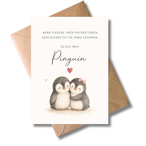 WBdesignz romantische Tier Liebeskarte mit Umschlag - Pinguine bleinen ihr Leben lang zusammen - Du bist mein Pinguin - Süße Liebe Karte für Freundin Paare Partner - Valentinstag Liebesbeweis (DIN A6)
