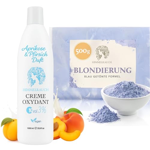 Blondierungspulver Set 500g bis 7 Töne, Anti Gelb, Staubfrei, Vegan, Parabenfrei, Glutenfrei, Silikonfrei mit Creme Oxydant 3% 1L