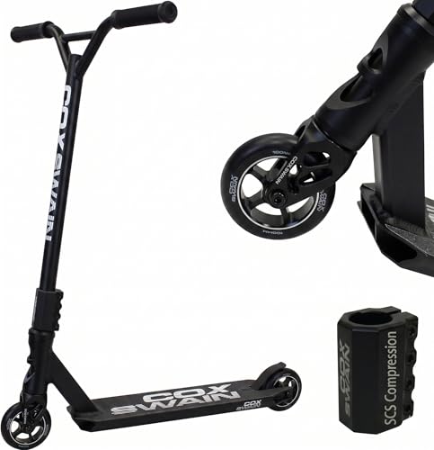 Cox Swain Stunt Scooter X-385, SCS-Kompression, CNC Fork, 100mm PU/Alu Rollen, ABEC 9, Kinder + Erwachsene, Anfänger + Profis, super stabil - Schwarz