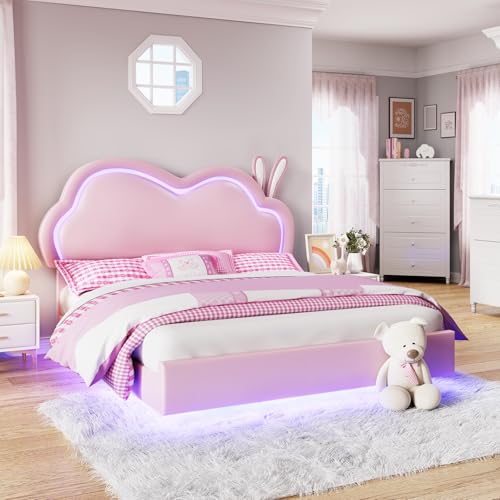 LUXOAK Kinderbett 90x200cm, Mädchenbett mit LED-Beleuchtung und Lattenrost, Polsterbett Schwebebett mit Wolken-Kopfteil, Höhenverstellbar, Leder, Rosa