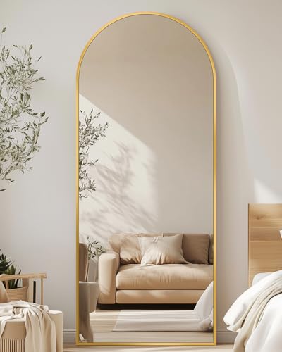 Antok Ganzkörperspiegel 146x44 cm Gewölbter Standspiegel - Gold Stehend Bogen Spiegel Voller Länge Stehspiegel mit Aluminium Rahmen, Bruchsichere Glas in HD BogenSpiegel für Schlafzimmer