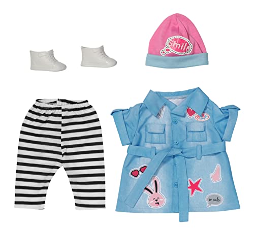 BABY born Deluxe Jeans Kleid, Puppenkleid mit gestreifter Leggings, rosa Mütze und Schunen für 43 cm Puppen, 832585 Zapf Creation