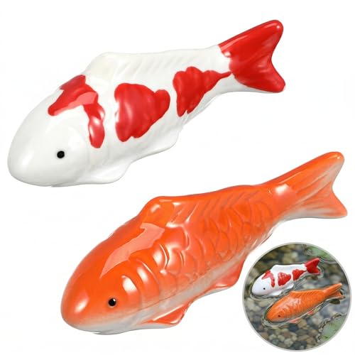 DOITOOL 2 Stück Schwimmende Fische Keramik Set - Aquarium Deko Teichdeko für Draußen - Handbemalte Koi Fisch Figuren als Schwimmdeko Miniteich & Garten Wasserbecken Zubehör