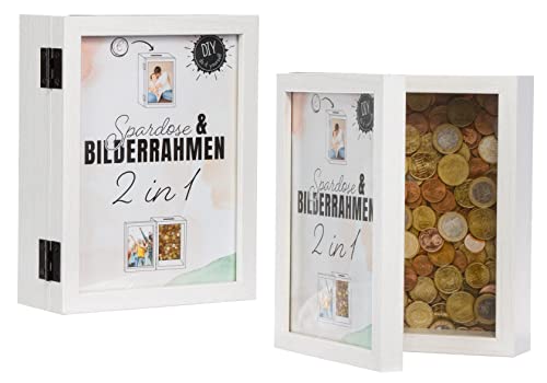 Brandsseller 2 in 1 Bilderrahmen Spardose 19 x 14,6 x 5,5 cm Aufklappbar | Doppel Fotorahmen Holzoptik Weiß