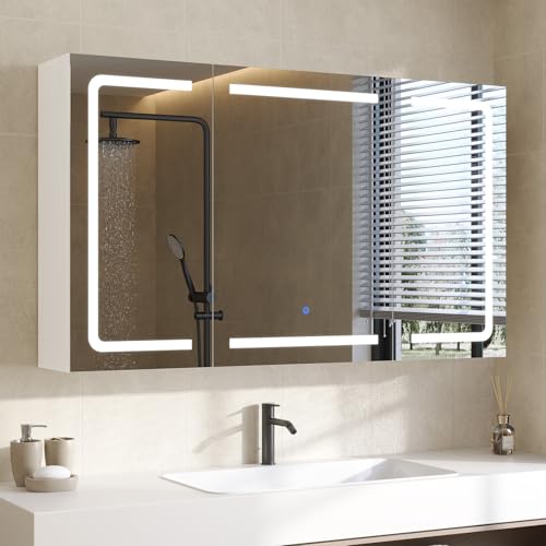 DICTAC Spiegelschrank Bad mit Beleuchtung und Steckdose Badezimmerschrank mit Spiegel und Verstellbares Regal,Badezimmer Spiegelschrank mit 3 Türen,Wandschrank,Hängeschrank, Badspiegel,100x60x16,Weiß
