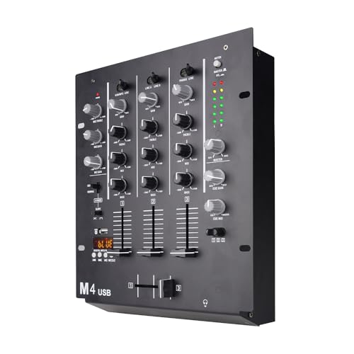 Yamnweo M4 4-Kanal DJ Mischpult (Schwarz), Audio Mixer mit Bluetooth & USB, Crossfader, 3-Band EQ, Gain-Regler & Cue-Monitor-Funktion - Professionelles Soundboard für Party, Club, Karaoke