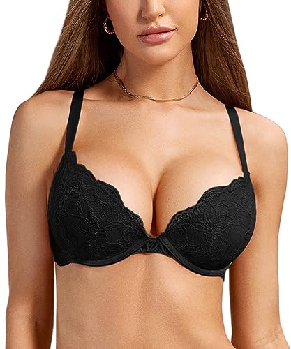 DOBREVA Damen Push Up BH Mit Spitze Gepolstert Plunge Bügel Vollschalen BHS Gemoldete Cups Schwarz 90B