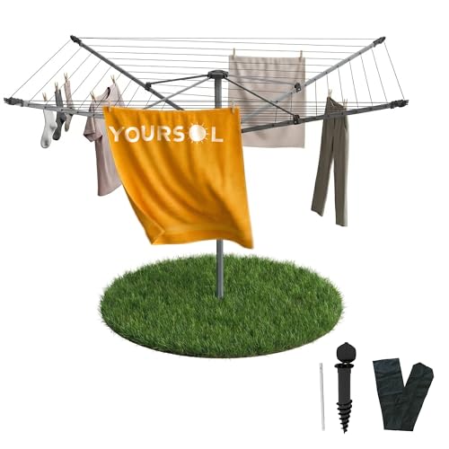 Yoursol Wäschespinne 50 m mit Schutzhülle & Bodenhülse, Aluminium Wäscheständer bis 50 kg, höhenverstellbar, Wäschetrockner Garten