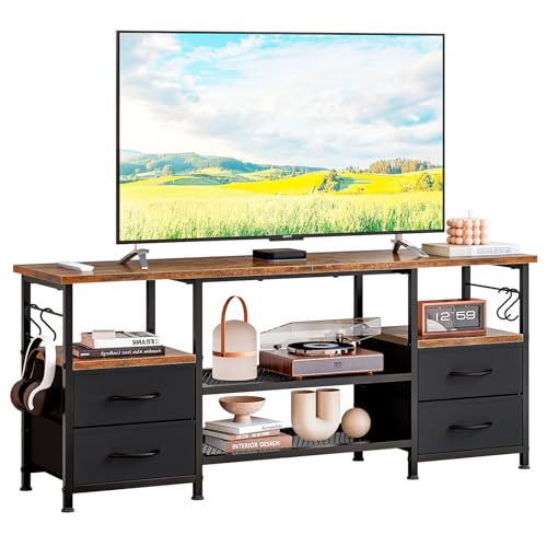 Taotigzu TV-Schrank,Fernsehschrank,Lowboard für Fernseher bis zu 65 Zoll,TV Board mit 4 Schubladen aus Stoff,5 offenen Fächern,Fernsehtisch mit Stahlgestell für Wohnzimmer,30x120x50 cm