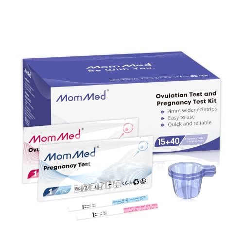 MOMMED Ovulationstest Kit HCG15-LH40, 15 Schwangerschaftstests und 40 Ovulationstests mit 55 Urinbechern Zuverlässiger und schneller Frühschwangerschaftstest