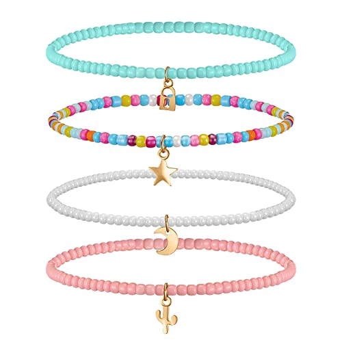 Jadive 4 Stück Sommer Boho Geschichtet Wulstige Fußkettchen Elastische Bunte Perlen Armband Kette Ästhetische Bohemian Fußketten für Frauen Damen Mädchen Strand Schmuck