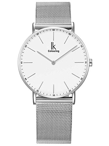 Alienwork IK Armbanduhr Herren Damen Silber Metall Mesh Armband Edelstahl Weiss Ultra-flach