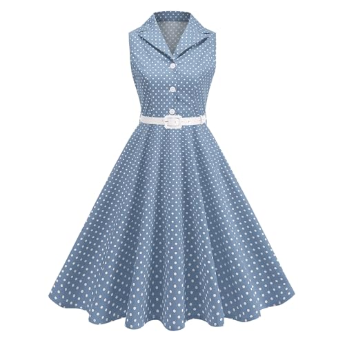 EFOGEP Damen Rockabilly Kleid Polka Dot Vintage Swing Kleid Hellblau L