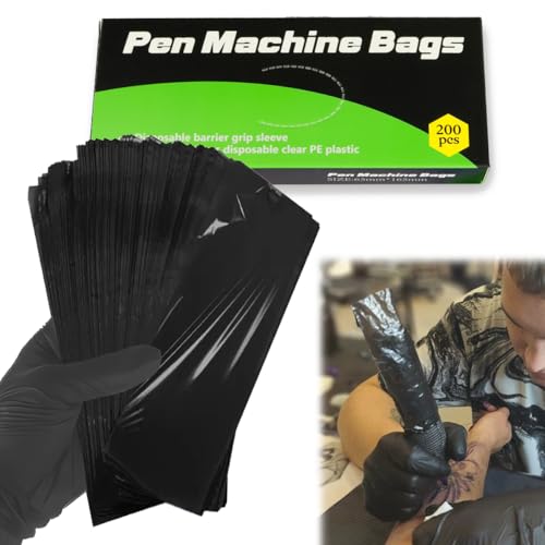 200 Stück Tattoo Pen Cover, 160×60mm Einweg Tattoo Maschine Stift Taschen, Maschine Stift Tattoo Zubehör, Groß Tattoo Stift Taschen, Schwarz Einweg Tattoo Stifttaschen, für Schutz Maschinen pen