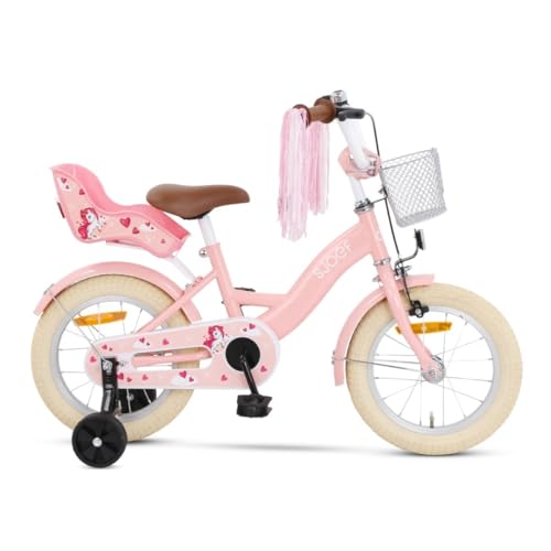 SJOEF Dolly Kinderfahrrad 14 Zoll | Ab 3-5 Jahre | einfache Montage (95% vormontiert) | Kinder Fahrrad für Mädchen/Jugend | Kleidergröße von 98 bis 108 cm | inklusive Stützräder - Rosa